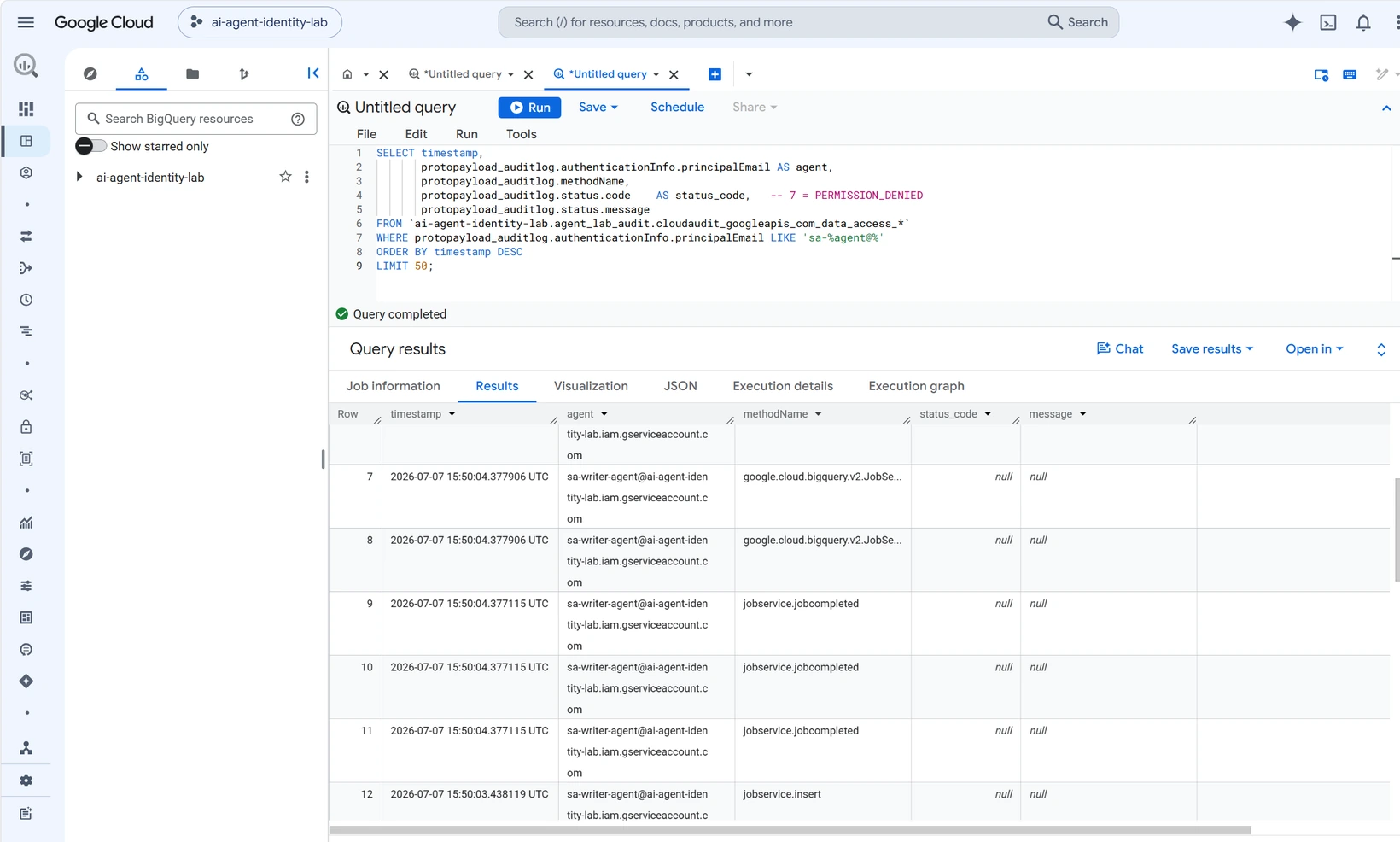 Audit query showing sa-writer-agent performing the same operations with no errors