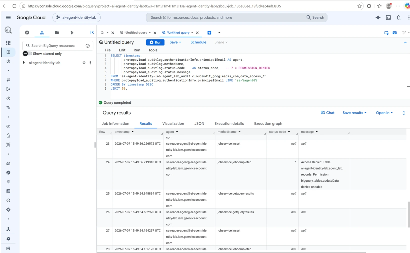 Audit query showing sa-reader-agent with status_code 7 PERMISSION_DENIED